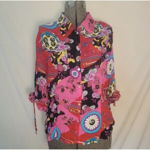 Vintage 90s‎ Y2K Funky Print Blouse Bright Camp Caviar Abstract Psychedelic L/XL